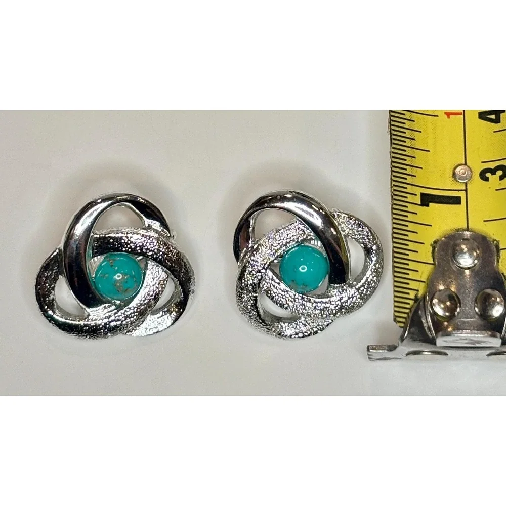 Vintage Orbit Atomic Clip Earring Sarah Coventry Silver Swirl Turquoise Cabochon